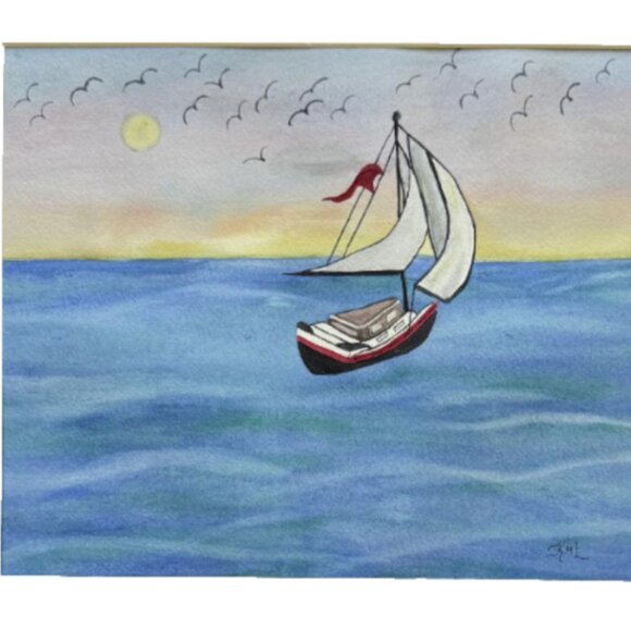 Sunset Sailboat Ocean Landscape Original Art Blue Sea 11x14 and White Mat 16x20 - Picture 1 of 3